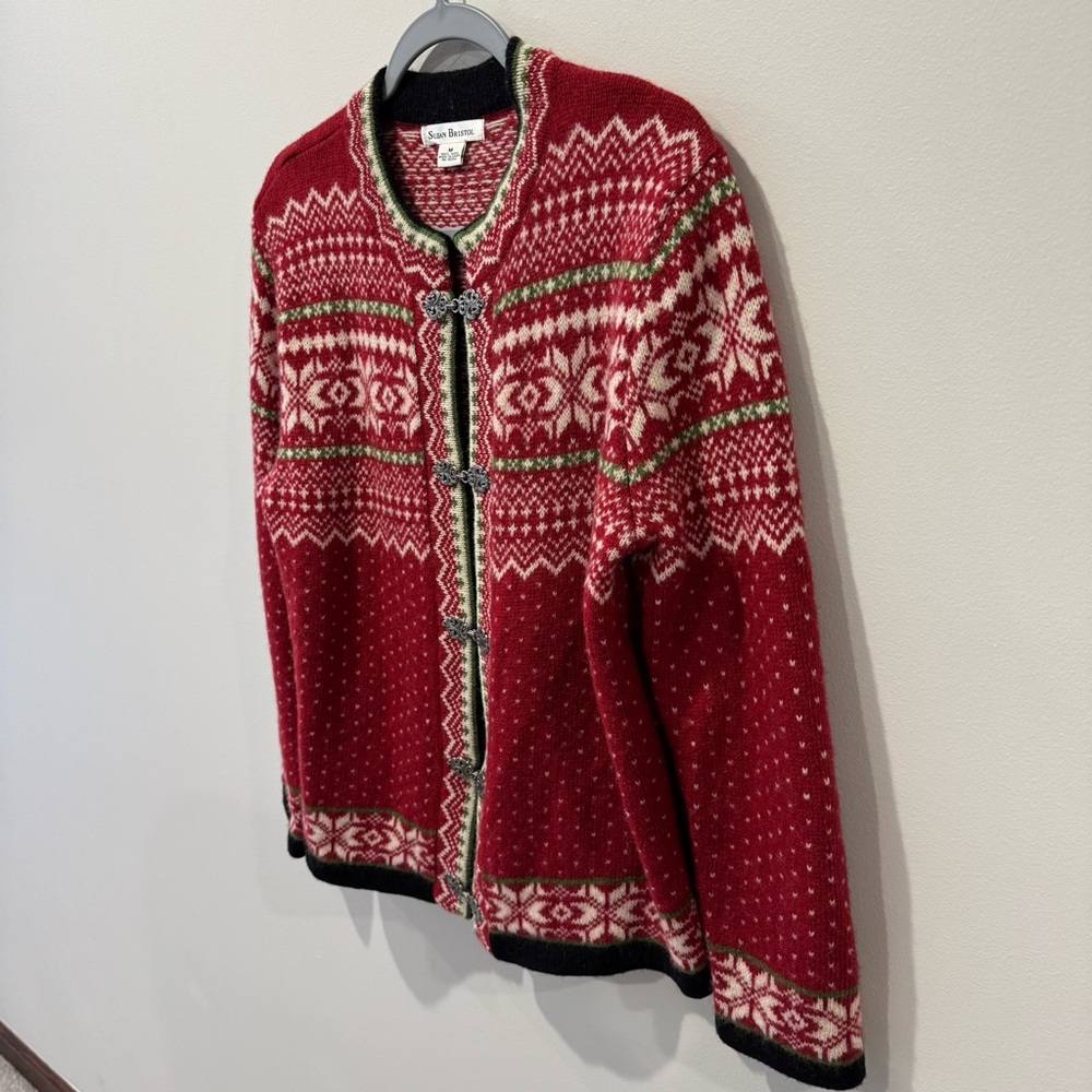 Susan Bristol Womens Wool Cardigan Sweater Nordic Fair Isle Metal Clasps Hooks M - Picture 2 of 5
